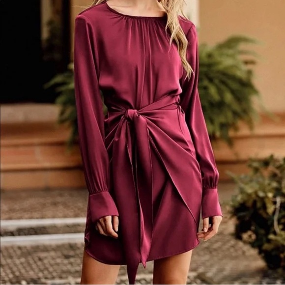 NWT PRETTYGARDEN Womens Satin Long Sleeve Tie Waist Cocktail Dress /  medium - Picture 1 of 13